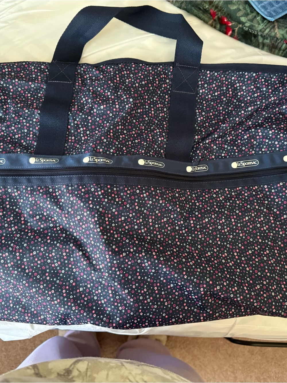LeSportsac Navy Floral Travel Bag with Pink and White Ditsy Print